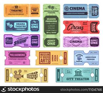 Retro tickets. Circus, cinema and theatre admit one ticket. Vintage admission coupon, concert and movie night tickets vector set. Amusement pass. Colorful entertainment vouchers, control coupon. Retro tickets. Circus, cinema and theatre admit one ticket. Vintage admission coupon, concert and movie night tickets vector set. Museum, philharmonic pass. Colorful entertainment vouchers