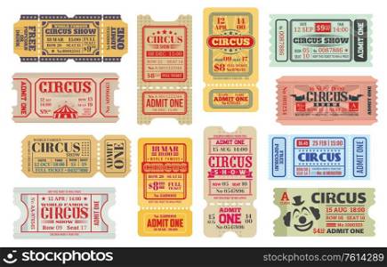 Retro tickets to big top circus show, isolated vector set. Vintage shapito event ticket, entrance coupon templates with big top tent and clown face. Circus carnival admit voucher with dotted line. Retro tickets to big top circus show, vector set