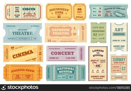Retro tickets to cinema, vintage movie, concert or theater ticket. Old paper admission coupon, invitation card for event, travel pass vector set. Amusement park, national museum entrance. Retro tickets to cinema, vintage movie, concert or theater ticket. Old paper admission coupon, invitation card for event, travel pass vector set