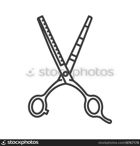 Retro toothed hair cutting scissors isolated outline icon. Vector professional barber accessory to cut hair, barbershop instrument. Old half open silver scissors, hairdressing cutting tool line art. Vintage open scissors isolated hair cutting tool