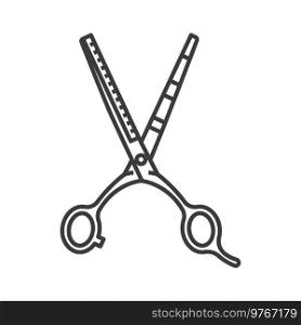 Retro toothed hair cutting scissors isolated outline icon. Vector professional barber accessory to cut hair, barbershop instrument. Old half open silver scissors, hairdressing cutting tool line art. Vintage open scissors isolated hair cutting tool