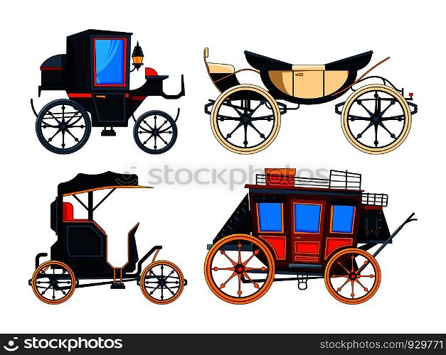 Retro transport carriage. Vector pictures of carriages. Collection of retro cart, chariot victorian illustration. Retro transport carriage. Vector pictures of carriages