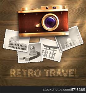 Retro travel poster with vintage camera and photo cards on wooden table background vector illustration