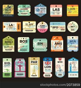 Retro travel tickets. Vintage tags for flight plane luggage ticket recent vector collection set. Illustration plane luggage label, travel tag baggage. Retro travel tickets. Vintage tags for flight plane luggage ticket recent vector collection set