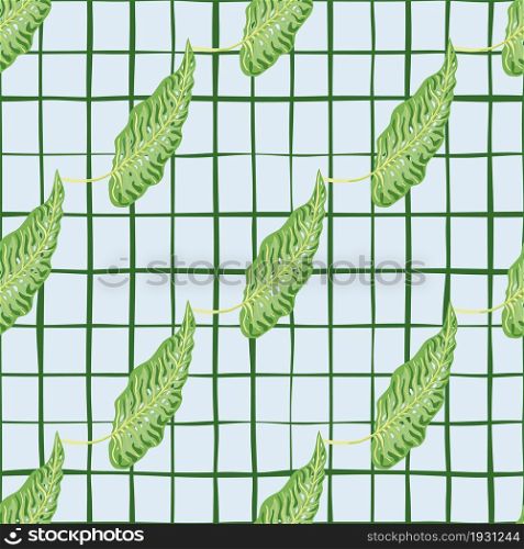 Retro tropical seamless pattern with leaves on lines background. Vintage botanical foliage plants wallpaper. Exotic hawaiian backdrop. Design for fabric, textile print, wrapping, cover. Retro tropical seamless pattern with leaves on lines background.