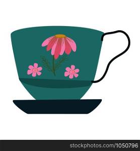 Retro turquoise tea cup with pink daisy decor. Isolated on white background. Flat cartoon style. Vector Illustration.. Retro turquoise tea cup with pink daisy decor.