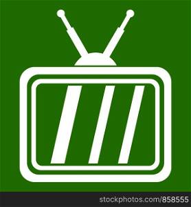 Retro TV icon white isolated on green background. Vector illustration. Retro TV icon green