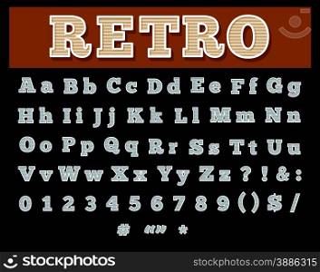 Retro type font, vintage typography style. Capital and lowercase letters, numbers etc. Isolated on black background.