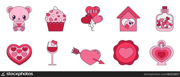 Retro Valentine Day set of icons. Love symbols in the fashionable pop line art style. The heart, bear, cupcake, and balloon are in soft pink, red, and coral color. Vector illustration isolated on white. Retro Valentine Day set of icons. Love symbols in the fashionable pop line art style. The heart, bear, cupcake, and balloon are in soft pink, red, and coral color. Vector illustration isolated on white.