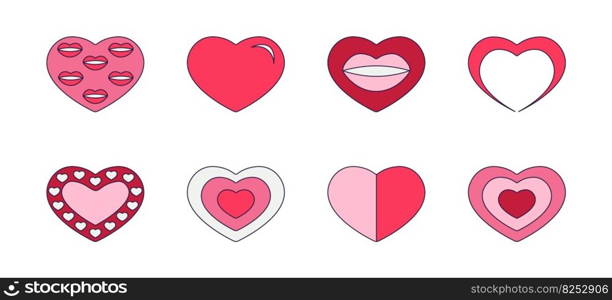 Retro Valentine Day set of icons of heart. Love symbols in the fashionable pop line art style. The shape of different hearts in soft pink, red and coral color. Vector illustration isolated on white. Retro Valentine Day set of icons of heart. Love symbols in the fashionable pop line art style. The shape of different hearts in soft pink, red and coral color. Vector illustration isolated on white.