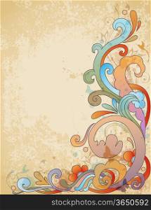 Retro vector background with waves, floral ornament and butterflies