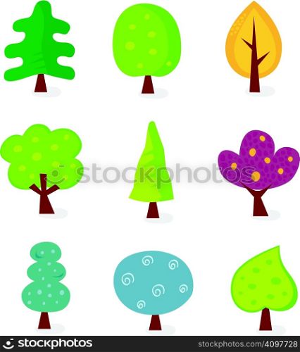 Retro vector illustration of nine trees.