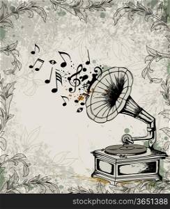 Retro vector music background with gramophone and notes.