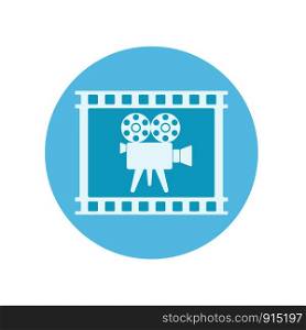 Retro video camera in film tape on blue button for web design, stock vector illustration