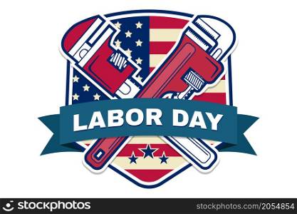 Retro vintage badge or label. Labor day badge emblem with illustrated wrenches and American flag. Vector illustration. Labor day design.. Labor day badge emblem with wrenches and American flag.
