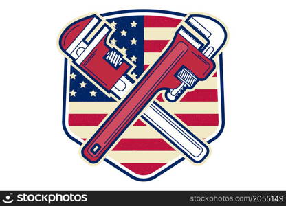 Retro vintage badge or label. Labor day badge emblem with illustrated wrenches and American flag. Vector illustration. Labor day design.. Labor day badge emblem with wrenches and American flag.