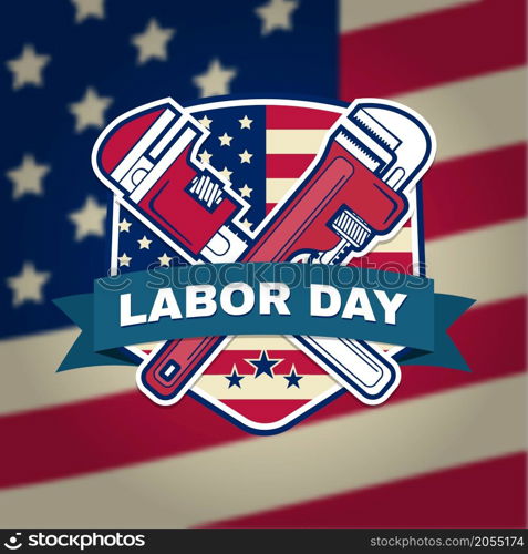 Retro vintage badge or label. Labor day badge emblem with illustrated wrenches and American flag. Vector illustration. Labor day design.. Labor day badge emblem with wrenches and American flag.