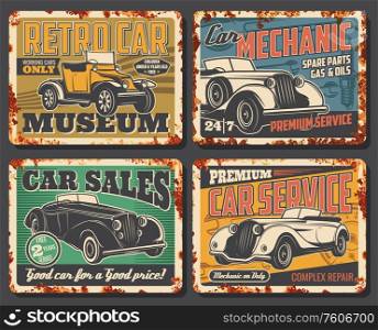 Retro vintage cars garage station and restoration rusty metal plates. Rarity and old vehicles museum, luxury limousine sale, spare parts shop and mechanic repair vector posters. Vintage cars service rusty plates