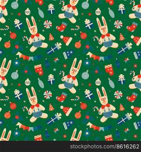 Retro vintage Christmas seamless pattern with Rabbits and Christmas decorations . Vector illustration. Retro vintage Christmas pattern with Rabbits and Christmas decorations