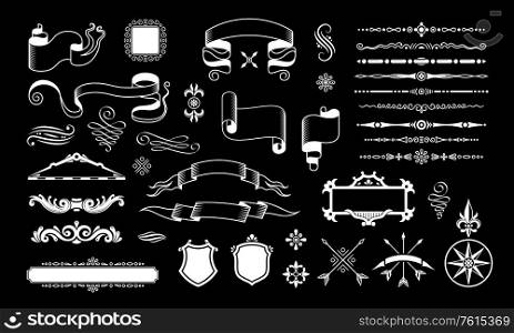 Retro vintage design black set with isolated decoration elements ornate strings ribbons shields and crossed arrows vector illustration