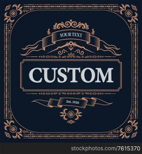Retro vintage design label composition with editable text and decoration elements with ribbons and ornate frames vector illustration