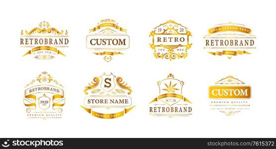 Retro vintage design label luxury logos set of eight isolated logotypes with editable text and frames vector illustration