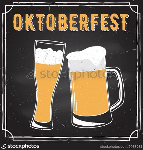 Retro vintage design. Oktoberfest poster with two flat beer mugs on chalkboard. Vintage Beer Brewery. Oktoberfest vector illustration.. Oktoberfest vector illustration.