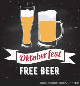 Retro vintage design. Oktoberfest poster with two flat beer mugs on chalkboard. Vintage Beer Brewery. Oktoberfest vector illustration.. Oktoberfest vector illustration.