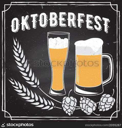 Retro vintage design. Oktoberfest poster with two flat beer mugs on chalkboard. Vintage Beer Brewery. Oktoberfest vector illustration.. Oktoberfest vector illustration.