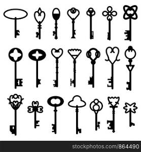 Retro vintage keys silhouettes vector set collection. Antique style keys, easy to edit.. Retro vintage keys silhouettes vector set collection
