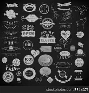 Retro Vintage labels collection/ different style label, stamp, ribbon drawing with chalk on blackboard