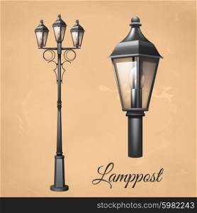 Retro vintage lamp post set with electricity lantern isolated vector illustration. Lamp Post Set