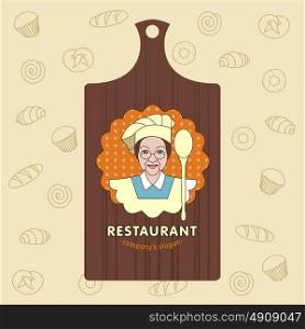 Retro vintage logo for restaurant, cafe. Chef woman with big spoon on the background of the cutting Board.