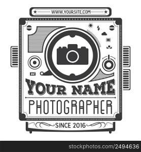 Retro vintage logotype of old camera for photographers. Vector design element. Isolated vector illustration.Photography badge, label template photo studio.