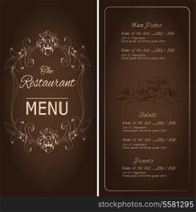 Retro vintage restaurant menu dark background template with lion and village decoration vector illustration.