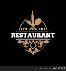 Retro Vintage Style Ornament Design, Logo Retro Restaurant Typography Emblem, Vector Line Simple Elegant Fork Spoon And Knife