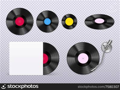 Retro vinyl discs records set with stylus needle against transparent background realistic top view image vector illustration