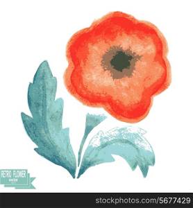 Retro watercolor flower on a white background. Vector illustration. The original sample of floral design
