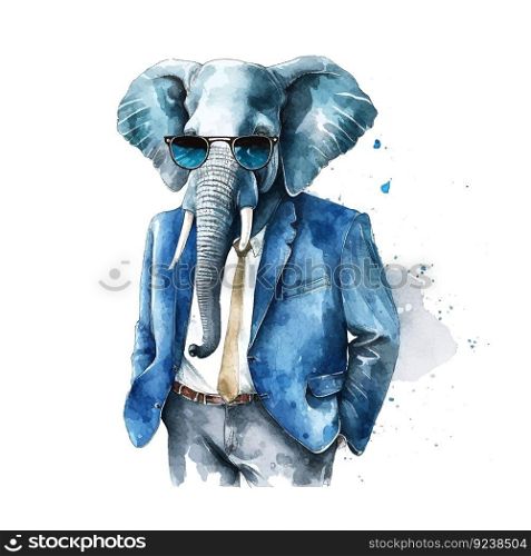 Retro watercolor illustration with elephant fashion suit watercolor for clothes design. Isolated vector. Watercolor hand drawn