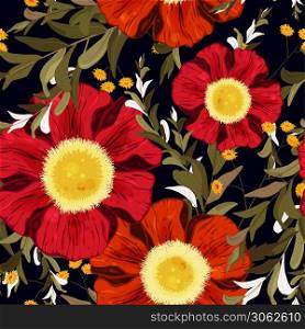 Retro watercolour style floral design. Colorful spring seamless wallpaper with cute red and orange flowers. Vector hand drawn illustration set.