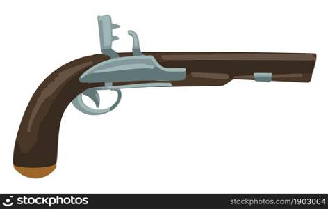 Retro weapon, vintage pistol with metal and wooden parts. Isolated antique elegant firearm for protection and defense. Battles and battlefields, historical gunshot. Ammunition vector in flat style. Antique firearm, vintage pistol, retro weapon