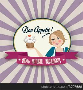 retro wife illustration with bon appetit message, vector format