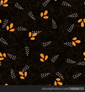 Retro wild hand drawn seamless pattern or wallpaper with spring or summer  orange meadow flowers. Vintage  floral textile print and small ditsy elements, isolated feminine vector illustration