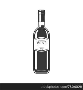 Retro wine bottle isolated monochrome alcohol drink. Vector elite winery product, burgundy merlot. Elite wine in bottle isolated winery product