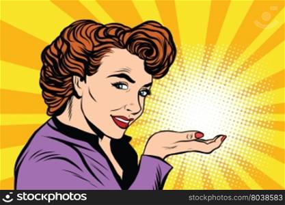 Retro woman advertising and light on the palm pop art retro, vector realistic hand drawing illustration. a mystery, a secret, a small miracle