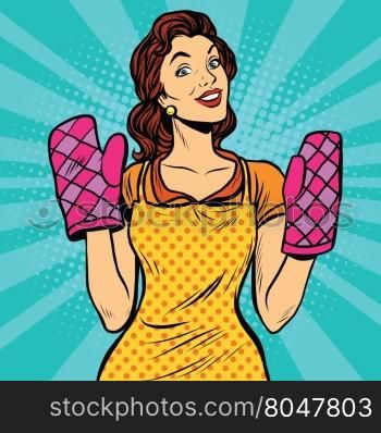 Retro woman cooking in the kitchen, pop art retro comic book vector illustration. Gloves for hot dishes