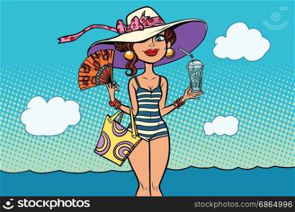 retro woman on sea beach holidays. Comic book cartoon pop art retro color illustration drawing. retro woman on sea beach holidays