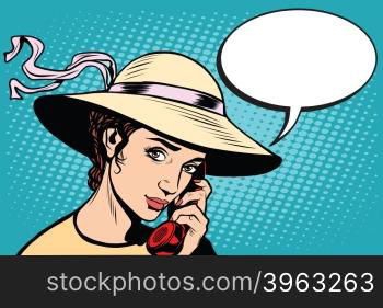 Retro woman talking on the phone pop art retro style. . Retro woman talking on the phone