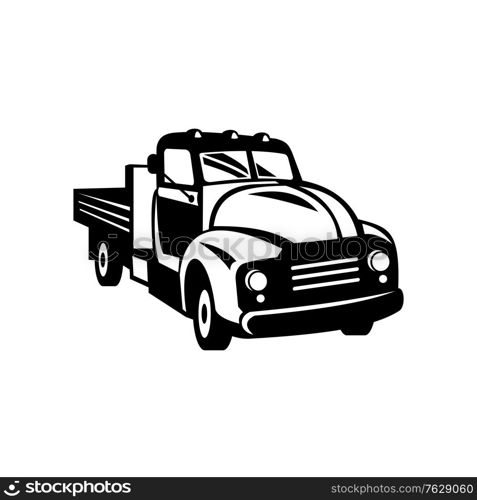 Retro woodcut black and white style illustration of a classic vintage American pickup truck with wood side rails viewed from front on high angle on isolated background.. Vintage American Pickup Truck with Wood Side Rails Front Retro Woodcut Black and White