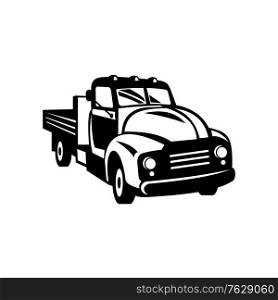 Retro woodcut black and white style illustration of a classic vintage American pickup truck with wood side rails viewed from front on high angle on isolated background.. Vintage American Pickup Truck with Wood Side Rails Front Retro Woodcut Black and White